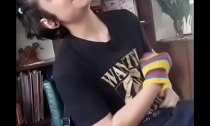 sexy school boy touching his nipples after a long time playing guitar